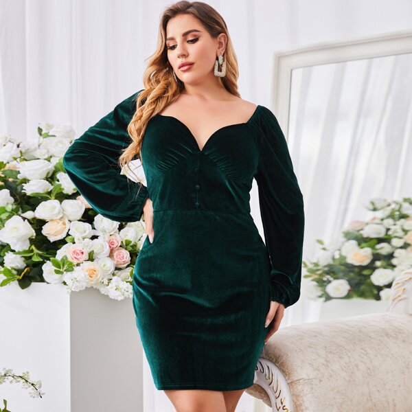 

Plus Sweetheart Neck Lantern Sleeve Velvet Dress, Dark green