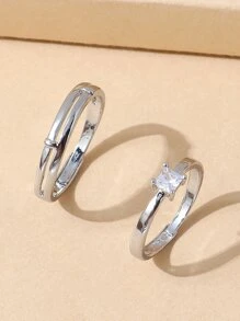 2 Chiếc Cặp Đôi Đơn Giản Bằng Đồng & Micro-Dát Đá Cubic Zirconia Có Thể Điều Chỉnh, Ngày Lễ Tình Nhân Đính Hôn Quà Tặng Đám Cưới - Bạc - Xem 2