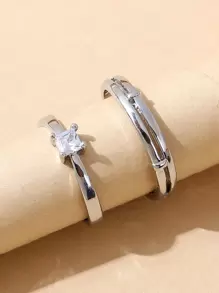 2 Chiếc Cặp Đôi Đơn Giản Bằng Đồng & Micro-Dát Đá Cubic Zirconia Có Thể Điều Chỉnh, Ngày Lễ Tình Nhân Đính Hôn Quà Tặng Đám Cưới - Bạc - Xem 3