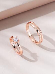2入組/套中性可調節銅和微鑲簡約風情侶環適合情人節,訂婚,婚禮,禮品 - 玫瑰金 - 查看 2