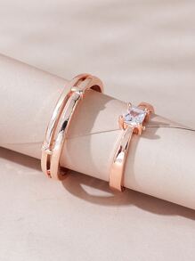 2入組/套中性可調節銅和微鑲簡約風情侶環適合情人節,訂婚,婚禮,禮品 - 玫瑰金 - 查看 4