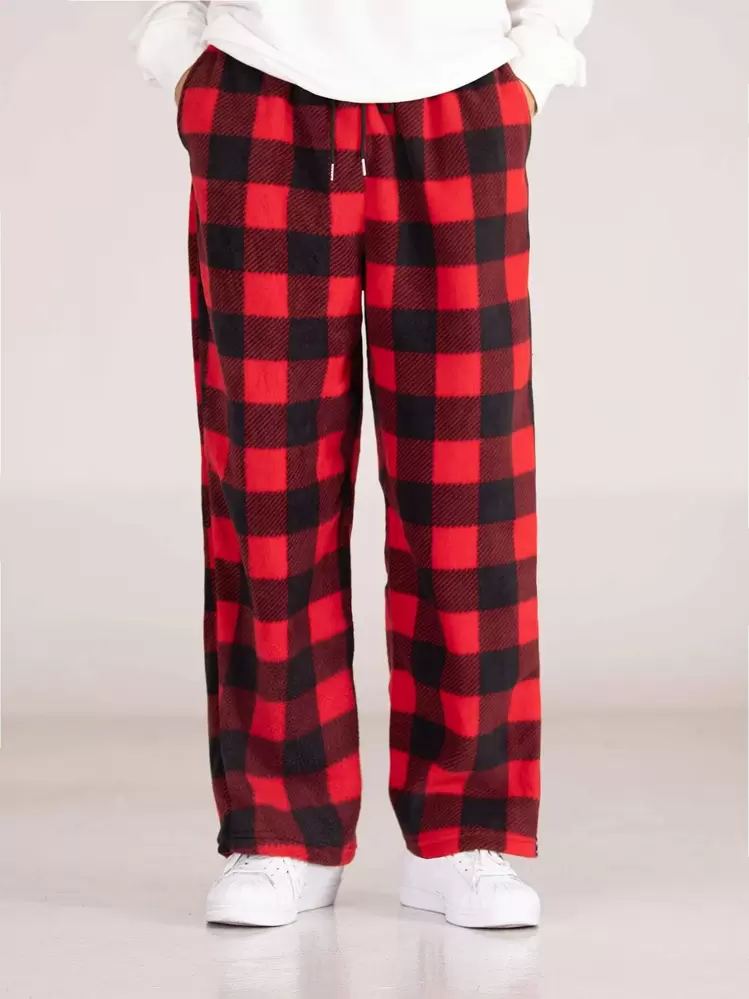 Manfinity Roghcode Men's Loose-Fitting Color Block Gingham Print Wide-Leg Pants With Drawstring Waist, Long Vacation Straight Leg Pants, For Husband, Boyfriend Gifts, Fall/Winter - Multicolor - View 1