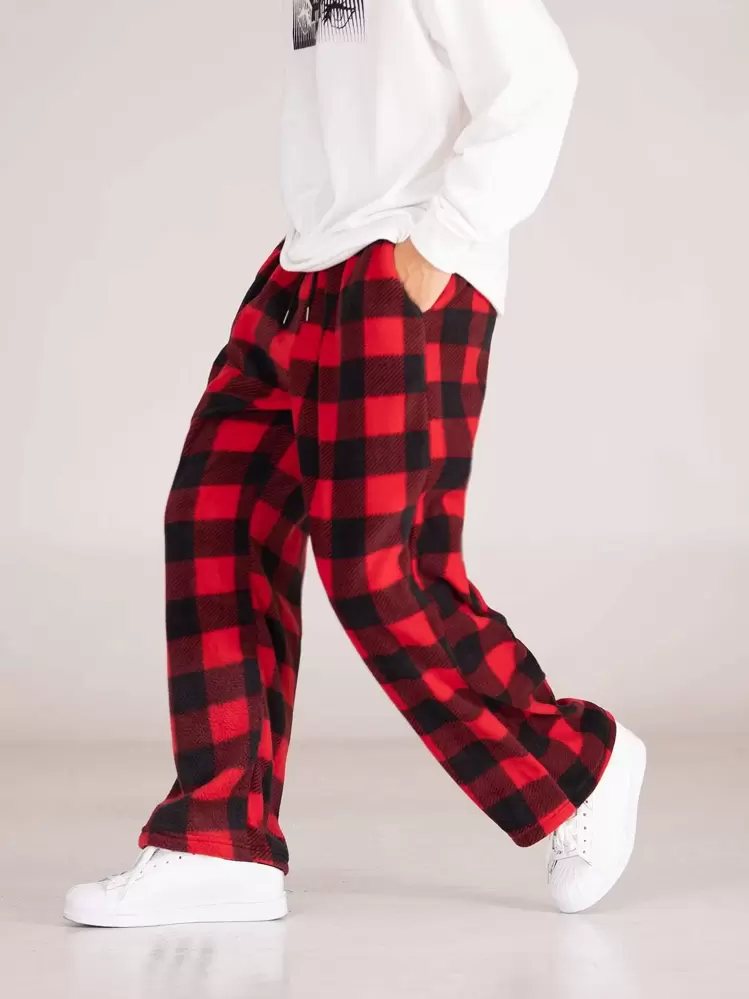 Manfinity Roghcode Men's Loose-Fitting Color Block Gingham Print Wide-Leg Pants With Drawstring Waist, Long Vacation Straight Leg Pants, For Husband, Boyfriend Gifts, Fall/Winter - Multicolor - View 3