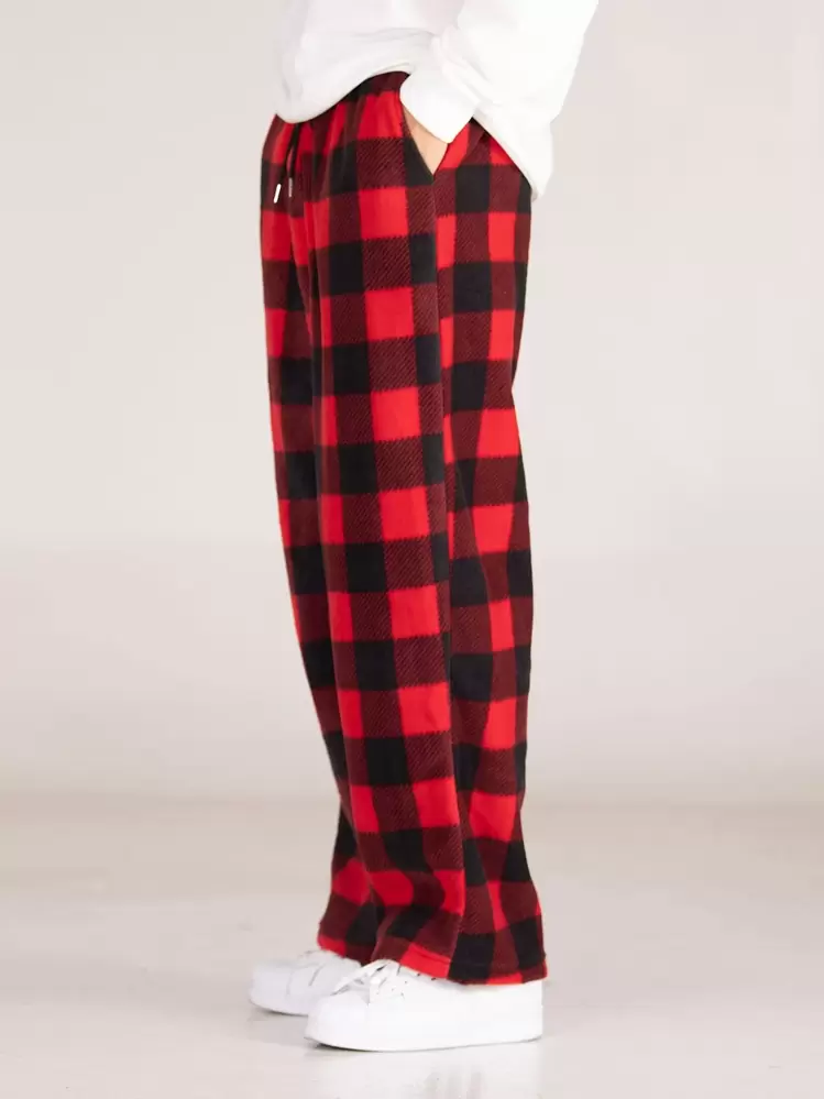 Manfinity Roghcode Men's Loose-Fitting Color Block Gingham Print Wide-Leg Pants With Drawstring Waist, Long Vacation Straight Leg Pants, For Husband, Boyfriend Gifts, Fall/Winter - Multicolor - View 4