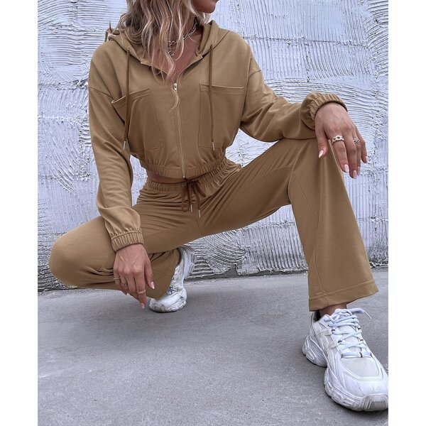 

Solid Zip-up Pocket Detail Top & Drawstring Waist Pants, Khaki