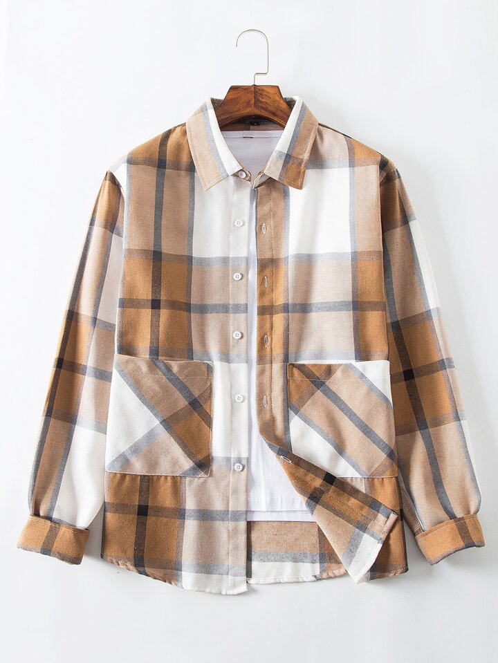 men plaid print pocket patched shirt without tee