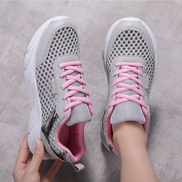 

Colorblock Lace-up Front Hollow Out Sneakers, Grey