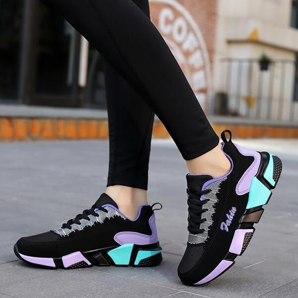 

Colorblock Lace-up Front Letter Graphic Sneakers, Black