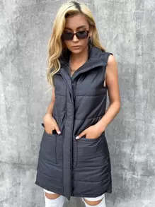 Eilly Bazar Flap Pocket Zip Up Puffer Vest Coat - Black - View 1