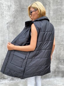 Eilly Bazar Flap Pocket Zip Up Puffer Vest Coat - Black - View 2