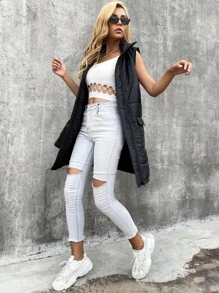 Eilly Bazar Flap Pocket Zip Up Puffer Vest Coat - Black - View 5