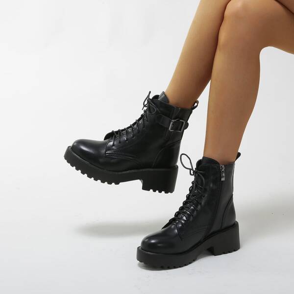 

Minimalist Buckle Decor Side Zipper Combat Boots, Black