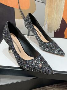 Zapatos de tacón con lentejuelas de punta - Negro - Ver 1