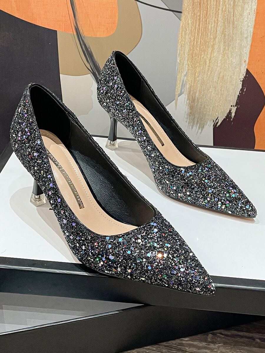 Zapatos de tacón con lentejuelas de punta - Negro - Ver 1