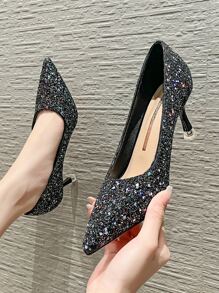 Zapatos de tacón con lentejuelas de punta - Negro - Ver 5