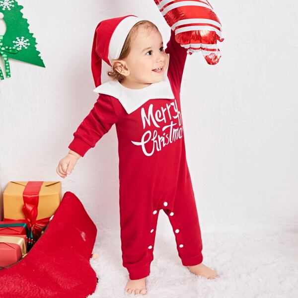 

Baby Christmas Print Jumpsuit With Hat, Red