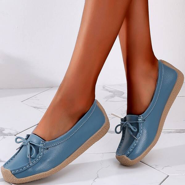 

Stitch Detail Bow Decor Leather Flats, Blue