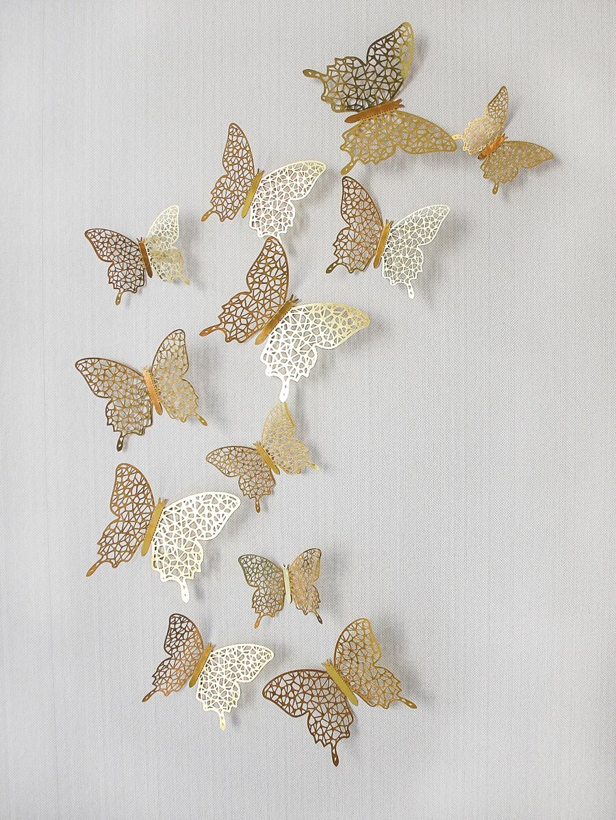 12入組3D創意設計紙蝴蝶貼紙，幾何圖案中空蝴蝶牆貼紙，適用於節日，派對，蛋糕裝飾，浪漫特殊家居裝飾，臥室裝飾，浴室裝飾，節日房間裝飾，節慶活動美化增進快樂的趣味牆藝術貼紙，適用於婚禮和聚會，辦公室裝飾，學校裝飾，周年禮物裝飾，情人節，蛋糕裝飾，有各種顏色和圖案可選擇，在各種場景中使用