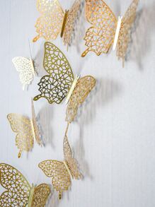 12入組3D創意設計紙蝴蝶貼紙，幾何圖案中空蝴蝶牆貼紙，適用於節日，派對，蛋糕裝飾，浪漫特殊家居裝飾，臥室裝飾，浴室裝飾，節日房間裝飾，節慶活動美化增進快樂的趣味牆藝術貼紙，適用於婚禮和聚會，辦公室裝飾，學校裝飾，周年禮物裝飾，情人節，蛋糕裝飾，有各種顏色和圖案可選擇，在各種場景中使用