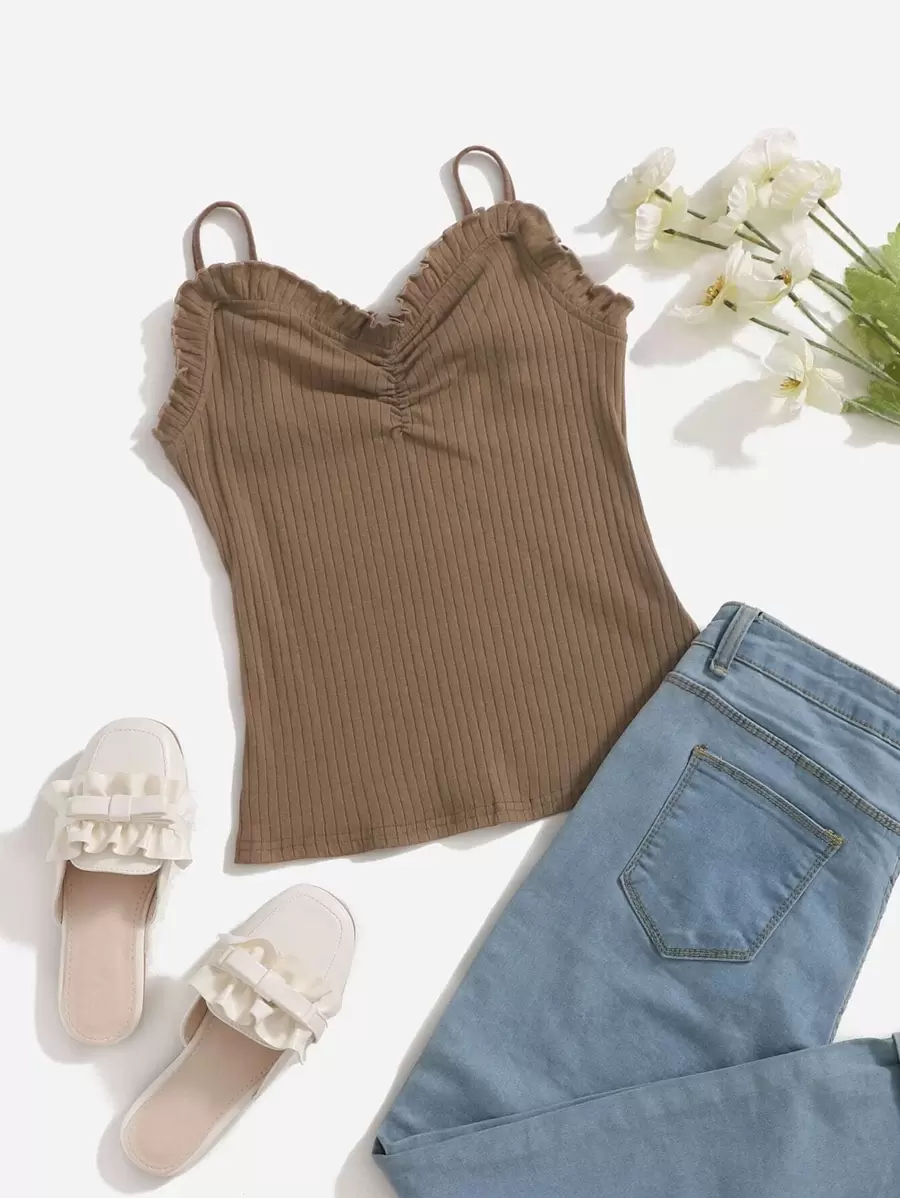 SHEIN Camisola de punto de verano de unicolor regular para adolescente - Camel - Ver 1