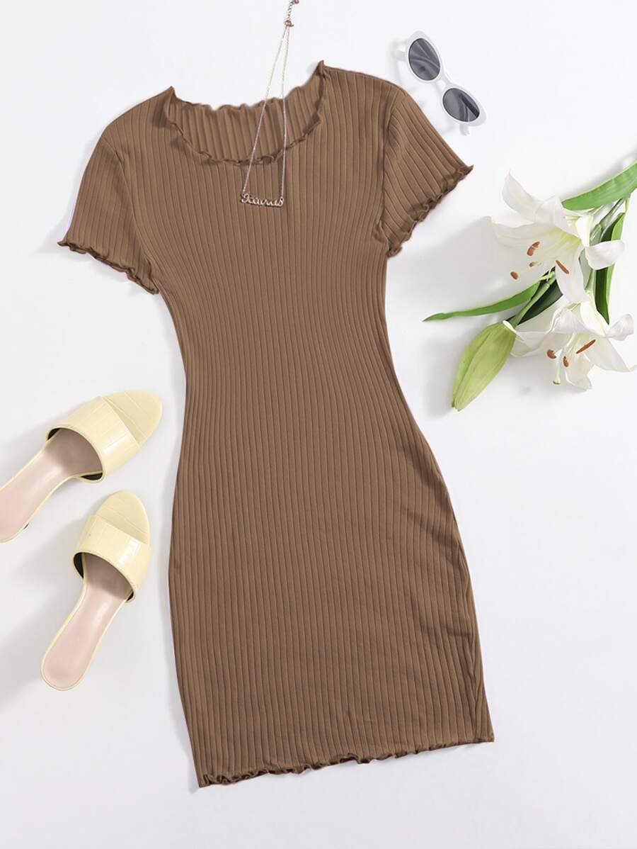 SHEIN EZwear 小褶邊羅紋針織包臀洋裝 - 棕色 - 查看 1