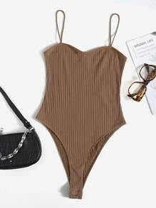 SHEIN Essnce 羅紋針織吊帶連體衣 - 摩卡棕 - 查看 1
