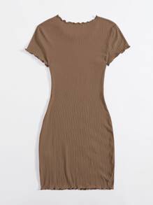 SHEIN EZwear 小褶邊羅紋針織包臀洋裝 - 棕色 - 查看 2