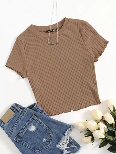 SHEIN EZwear 夏季外出纯色生菜边小坑条罗纹针织T恤