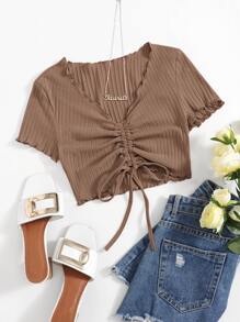 SHEIN EZwear 大碼抽繩抽褶小褶邊T恤 - 咖啡棕 - 查看 1