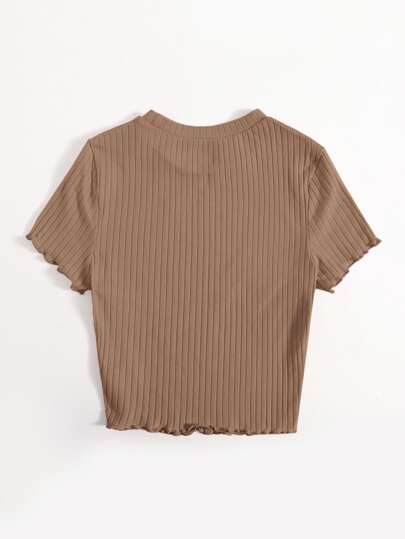 SHEIN EZwear 夏季外出纯色生菜边小坑条罗纹针织T恤