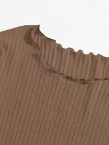 SHEIN EZwear 小褶邊羅紋針織包臀洋裝 - 棕色 - 查看 4