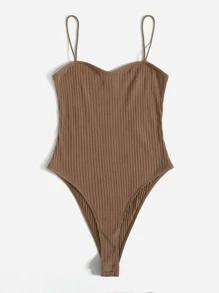 SHEIN Essnce 羅紋針織吊帶連體衣 - 摩卡棕 - 查看 5