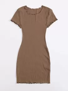 SHEIN EZwear 小褶邊羅紋針織包臀洋裝 - 棕色 - 查看 5