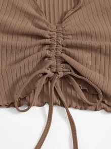 SHEIN EZwear 大碼抽繩抽褶小褶邊T恤 - 咖啡棕 - 查看 3
