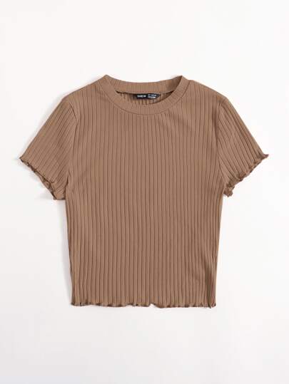 SHEIN EZwear 夏季外出纯色生菜边小坑条罗纹针织T恤