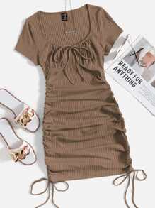 Muchica Ruched Drawstring Side Bodycon Dress - Mocha Brown - View 1