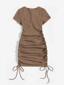 Muchica Ruched Drawstring Side Bodycon Dress - Mocha Brown - View 2