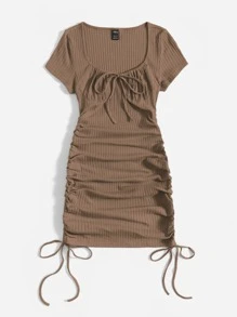 Muchica Ruched Drawstring Side Bodycon Dress - Mocha Brown - View 4