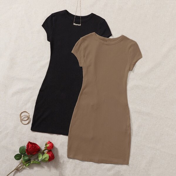 

2шт Вязаное платье в рубчик, Многоцветный