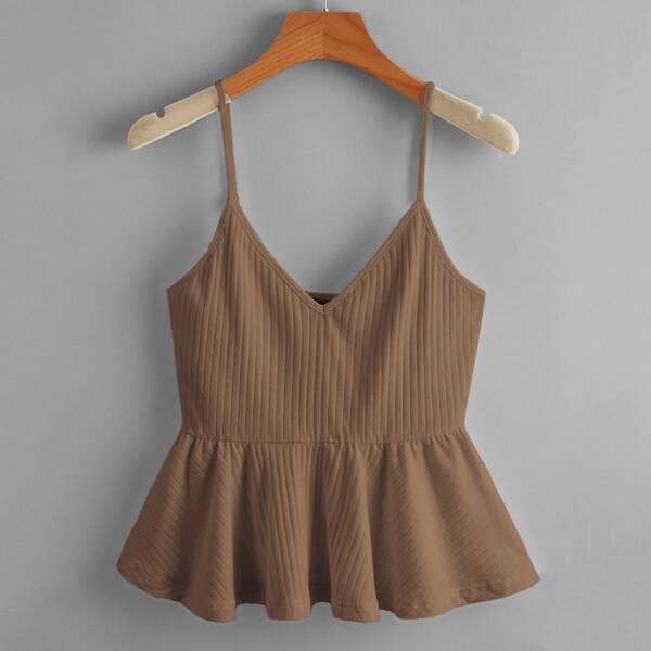 

Rib-knit Ruffle Hem Cami Top, Brown