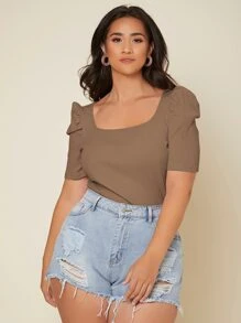 SHEIN Privé 大碼條紋針織大圓領泡泡袖T恤 - 駝色 - 查看 1