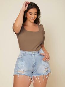 SHEIN Privé 大碼條紋針織大圓領泡泡袖T恤 - 駝色 - 查看 4