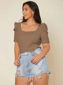 SHEIN Privé 大碼條紋針織大圓領泡泡袖T恤 - 駝色 - 查看 5