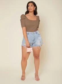 SHEIN Privé 大碼條紋針織大圓領泡泡袖T恤 - 駝色 - 查看 6