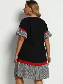 SHEIN LUNE Plus Contrast Striped Flounce Sleeve Smock Dress - Multicolor - View 2