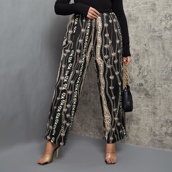 

Plus Chain Print Straight Leg Pants, Multicolor