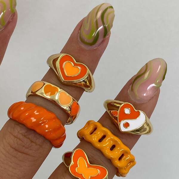 

6pcs Heart Pattern Ring, Multicolor