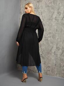 SHEIN Privé 大碼燈籠袖高低下擺打褶雪紡襯衫 - 黑色 - 查看 2