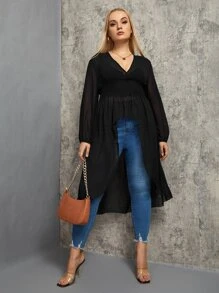 SHEIN Privé 大碼燈籠袖高低下擺打褶雪紡襯衫 - 黑色 - 查看 4