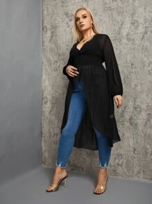 SHEIN Privé 大碼燈籠袖高低下擺打褶雪紡襯衫 - 黑色 - 查看 3